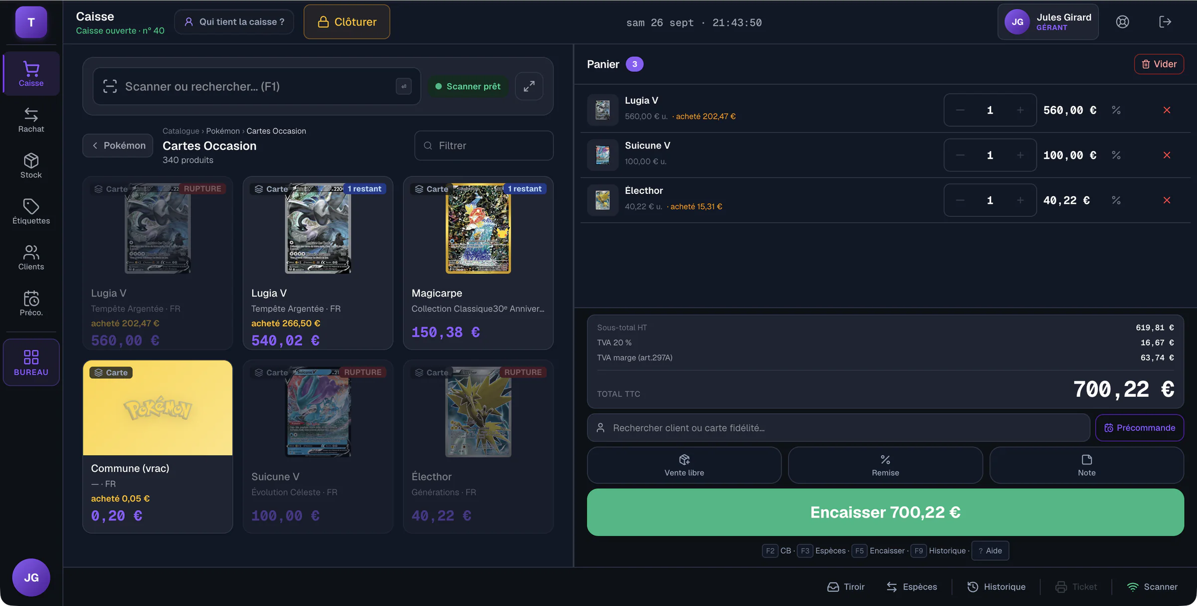 Écran Caisse : les cartes Pokémon d'occasion avec leur visuel, leur prix et le stock restant.