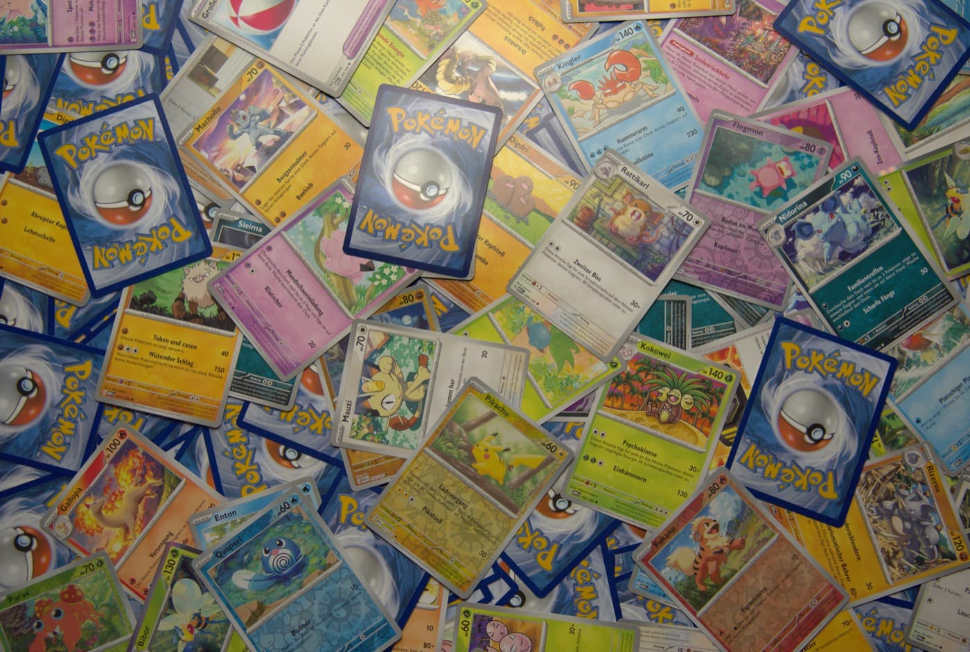 Cartes Pokémon récentes étalées sur une table de boutique